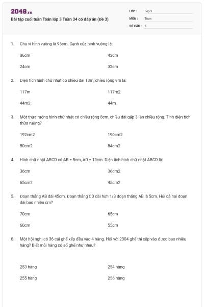 Bài tập cuối tuần Toán lớp 3 Tuần 34 có đáp án (Đề 3)