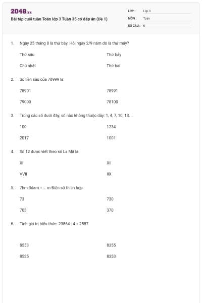 Bài tập cuối tuần Toán lớp 3 Tuần 35 có đáp án (Đề 1)