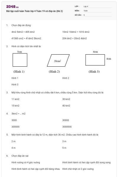 Bài tập cuối tuần Toán lớp 4 Tuần 19 có đáp án (Đề 2)