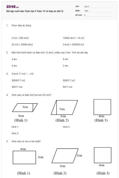 Bài tập cuối tuần Toán lớp 4 Tuần 19 có đáp án (Đề 3)