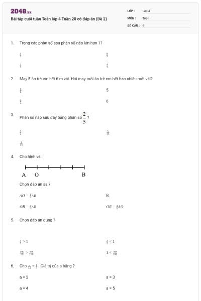 Bài tập cuối tuần Toán lớp 4 Tuần 20 có đáp án (Đề 2)