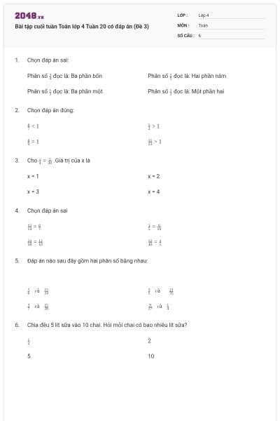 Bài tập cuối tuần Toán lớp 4 Tuần 20 có đáp án (Đề 3)