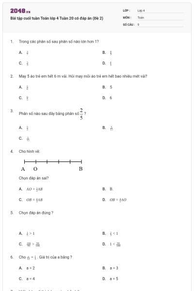 Bài tập cuối tuần Toán lớp 4 Tuần 20 có đáp án (Đề 2)