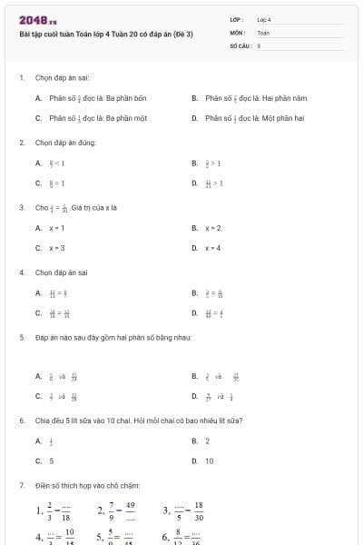 Bài tập cuối tuần Toán lớp 4 Tuần 20 có đáp án (Đề 3)