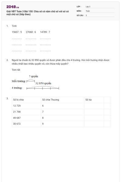 Giải VBT Toán 3 Bài 150: Chia số có năm chữ số với số có một chữ số (tiếp theo)