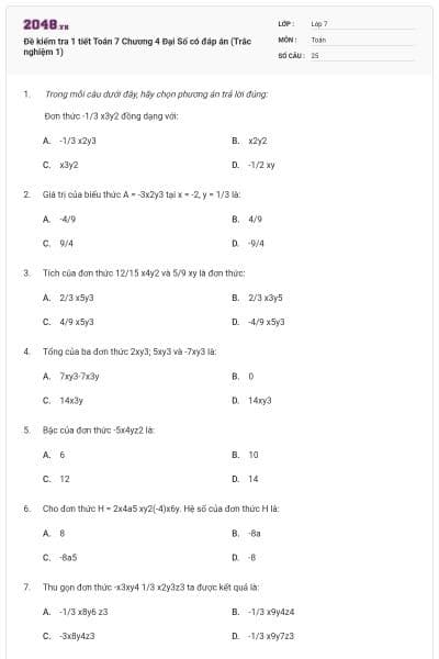 Đề kiểm tra 1 tiết Toán 7 Chương 4 Đại Số có đáp án (Trắc nghiệm 1)