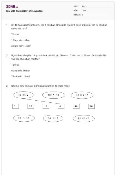 Giải VBT Toán 3 Bài 154: Luyện tập