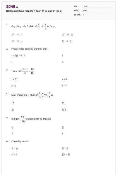 Bài tập cuối tuần Toán lớp 4 Tuần 21 có đáp án (Đề 2)