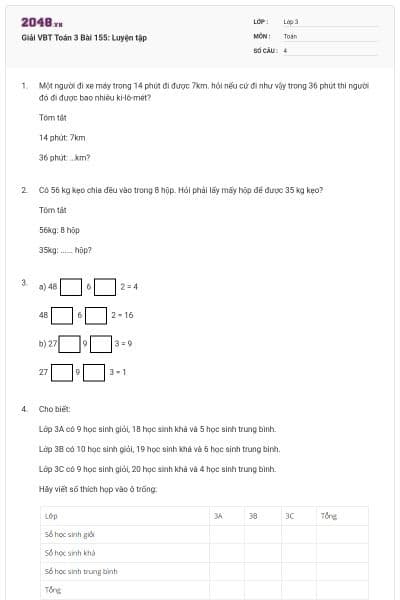 Giải VBT Toán 3 Bài 155: Luyện tập