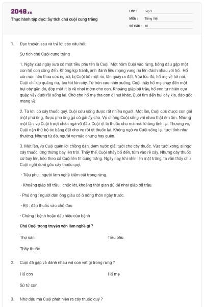 Thực hành tập đọc: Sự tích chú cuội cung trăng