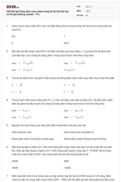 400 Bài tập Dòng điện xoay chiều trong đề thi thử Đại học có lời giải (không chuyên - P1)