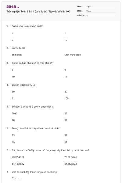 Trắc nghiệm Toán 2 Bài 1 (có đáp án): Tập các số đến 100