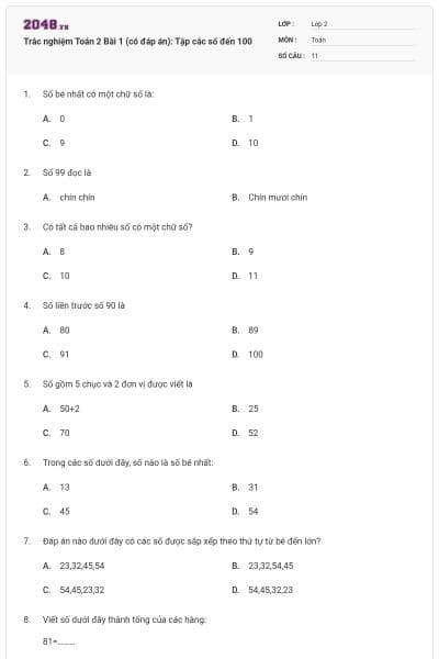 Trắc nghiệm Toán 2 Bài 1 (có đáp án): Tập các số đến 100