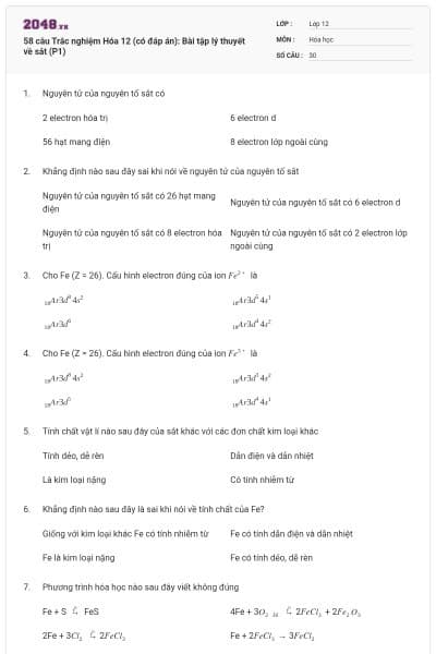 58 câu Trắc nghiệm Hóa 12 (có đáp án): Bài tập lý thuyết về sắt (P1)