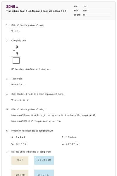 Trắc nghiệm Toán 2 (có đáp án): 9 Cộng với một số: 9 + 5