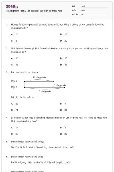 Trắc nghiệm Toán 2 (có đáp án): Bài toán về nhiều hơn