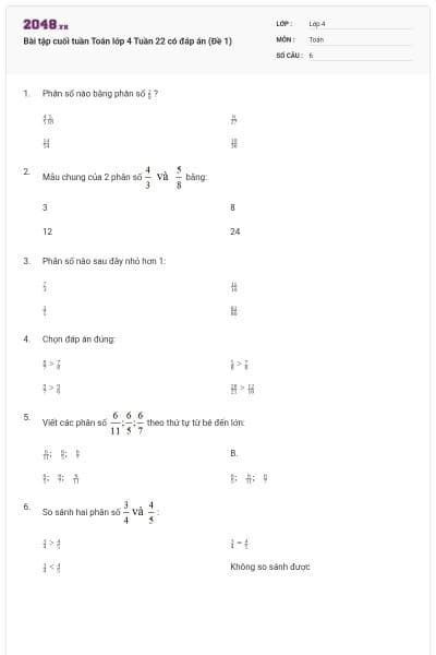 Bài tập cuối tuần Toán lớp 4 Tuần 22 có đáp án (Đề 1)