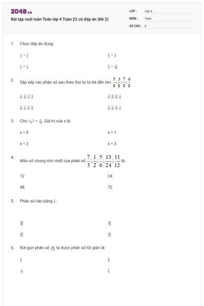 Bài tập cuối tuần Toán lớp 4 Tuần 22 có đáp án (Đề 2)