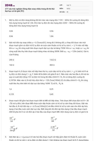 277 câu trắc nghiệm Dòng điện xoay chiều trong đề thi thử Đại học có lời giải (P2)