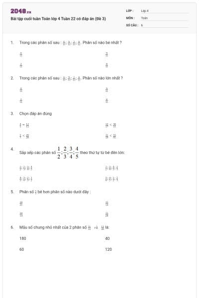 Bài tập cuối tuần Toán lớp 4 Tuần 22 có đáp án (Đề 3)