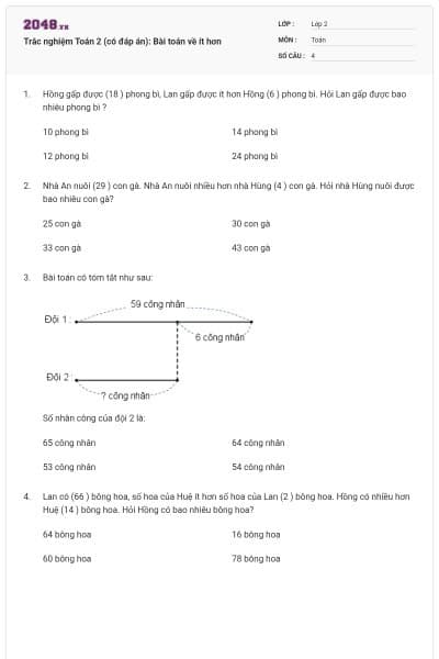 Trắc nghiệm Toán 2 (có đáp án): Bài toán về ít hơn