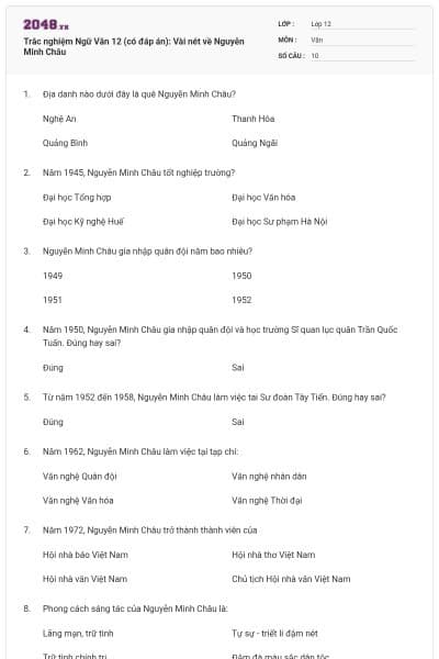 Trắc nghiệm Ngữ Văn 12 (có đáp án): Vài nét về Nguyễn Minh Châu