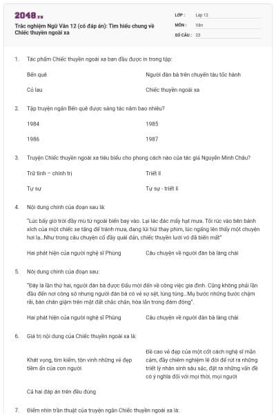 Trắc nghiệm Ngữ Văn 12 (có đáp án): Tìm hiểu chung về Chiếc thuyền ngoài xa