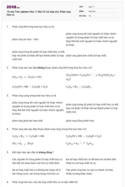 10 câu  Trắc nghiệm Hóa 11 Bài 23 (có đáp án): Phản ứng hữu cơ