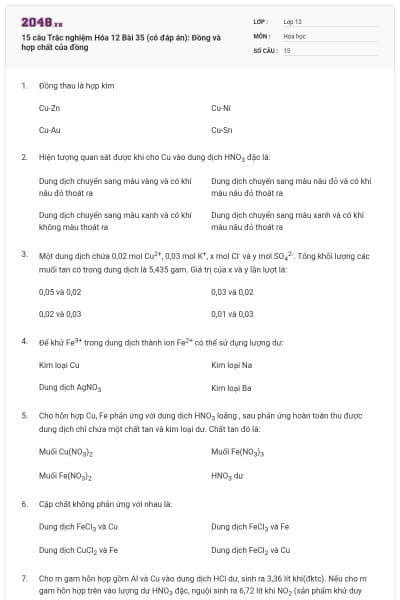 15 câu Trắc nghiệm Hóa 12 Bài 35 (có đáp án): Đồng và hợp chất của đồng