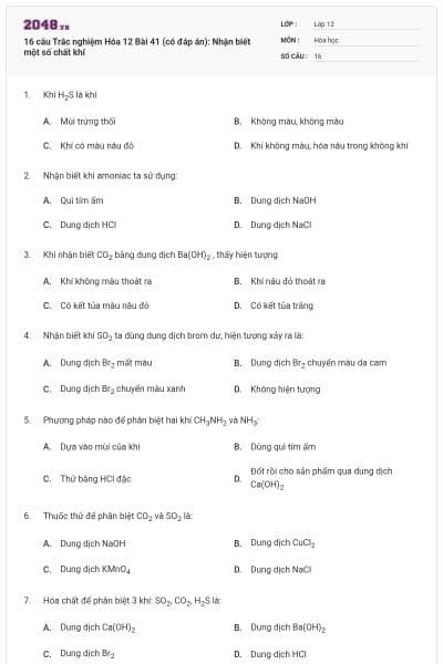 16 câu Trắc nghiệm Hóa 12 Bài 41 (có đáp án): Nhận biết một số chất khí