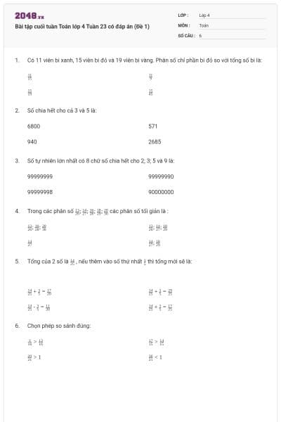 Bài tập cuối tuần Toán lớp 4 Tuần 23 có đáp án (Đề 1)