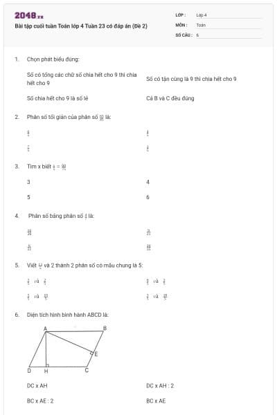 Bài tập cuối tuần Toán lớp 4 Tuần 23 có đáp án (Đề 2)