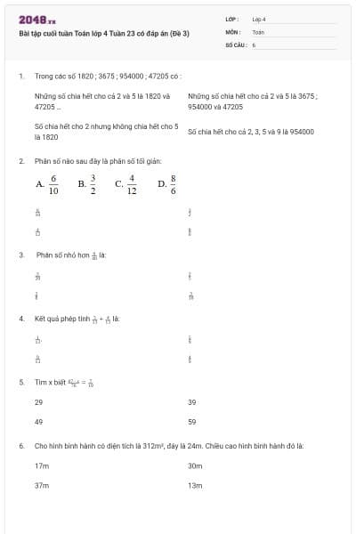Bài tập cuối tuần Toán lớp 4 Tuần 23 có đáp án (Đề 3)