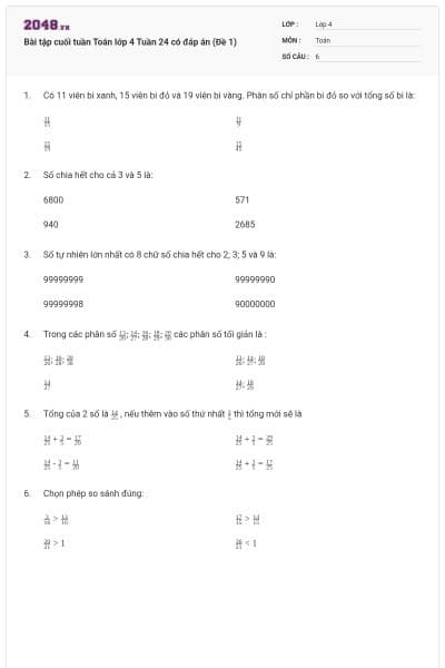 Bài tập cuối tuần Toán lớp 4 Tuần 24 có đáp án (Đề 1)