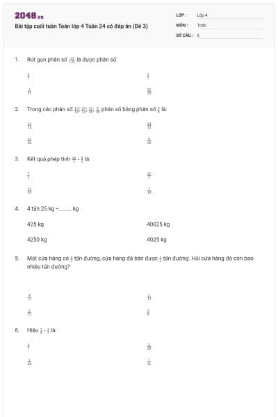 Bài tập cuối tuần Toán lớp 4 Tuần 24 có đáp án (Đề 3)