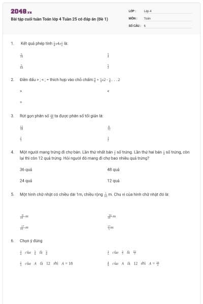 Bài tập cuối tuần Toán lớp 4 Tuần 25 có đáp án (Đề 1)