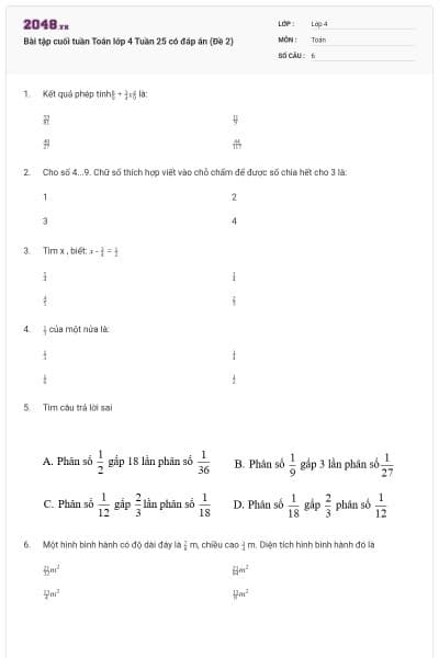 Bài tập cuối tuần Toán lớp 4 Tuần 25 có đáp án (Đề 2)