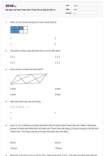 Bài tập cuối tuần Toán lớp 4 Tuần 26 có đáp án (Đề 1)