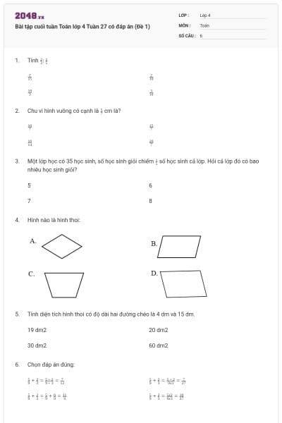 Bài tập cuối tuần Toán lớp 4 Tuần 27 có đáp án (Đề 1)