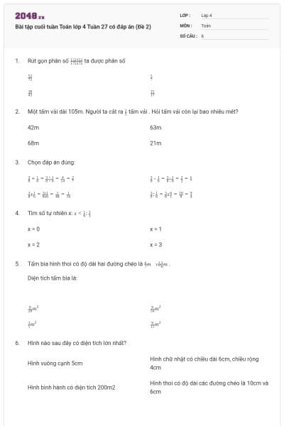 Bài tập cuối tuần Toán lớp 4 Tuần 27 có đáp án (Đề 2)