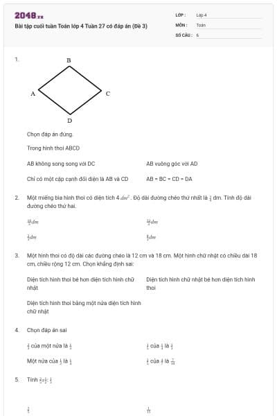 Bài tập cuối tuần Toán lớp 4 Tuần 27 có đáp án (Đề 3)