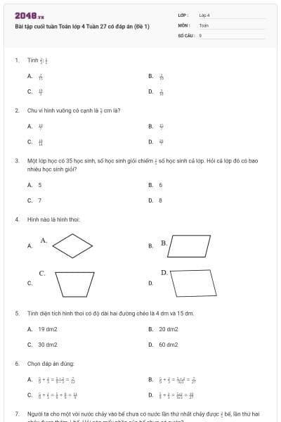 Bài tập cuối tuần Toán lớp 4 Tuần 27 có đáp án (Đề 1)