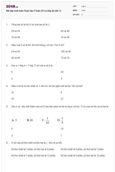 Bài tập cuối tuần Toán lớp 4 Tuần 29 có đáp án (Đề 1)