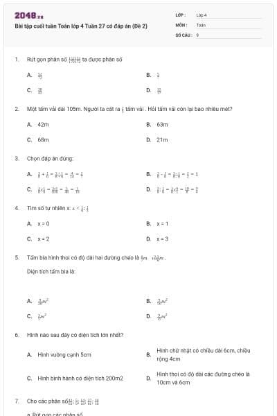 Bài tập cuối tuần Toán lớp 4 Tuần 27 có đáp án (Đề 2)