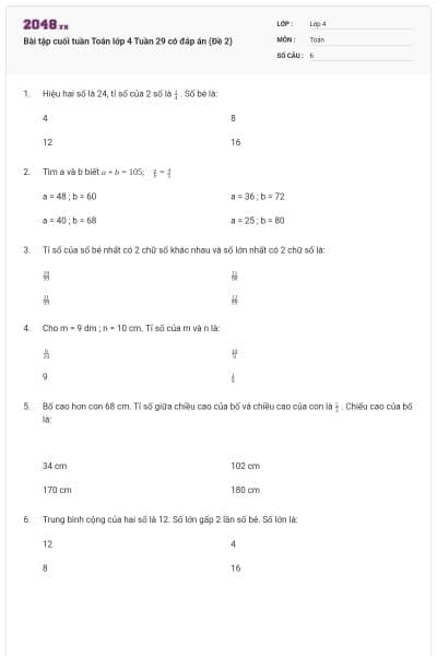 Bài tập cuối tuần Toán lớp 4 Tuần 29 có đáp án (Đề 2)