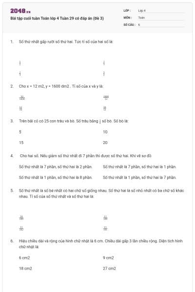 Bài tập cuối tuần Toán lớp 4 Tuần 29 có đáp án (Đề 3)