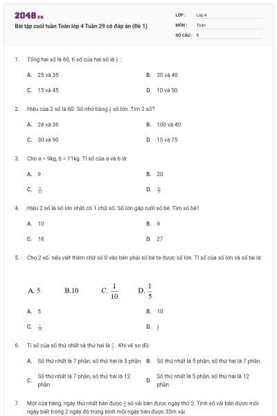 Bài tập cuối tuần Toán lớp 4 Tuần 29 có đáp án (Đề 1)