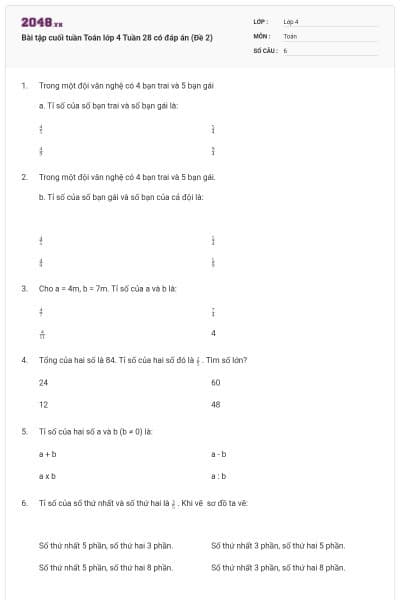 Bài tập cuối tuần Toán lớp 4 Tuần 28 có đáp án (Đề 2)