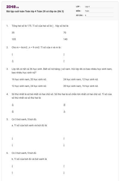 Bài tập cuối tuần Toán lớp 4 Tuần 28 có đáp án (Đề 3)