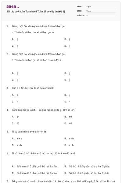 Bài tập cuối tuần Toán lớp 4 Tuần 28 có đáp án (Đề 2)